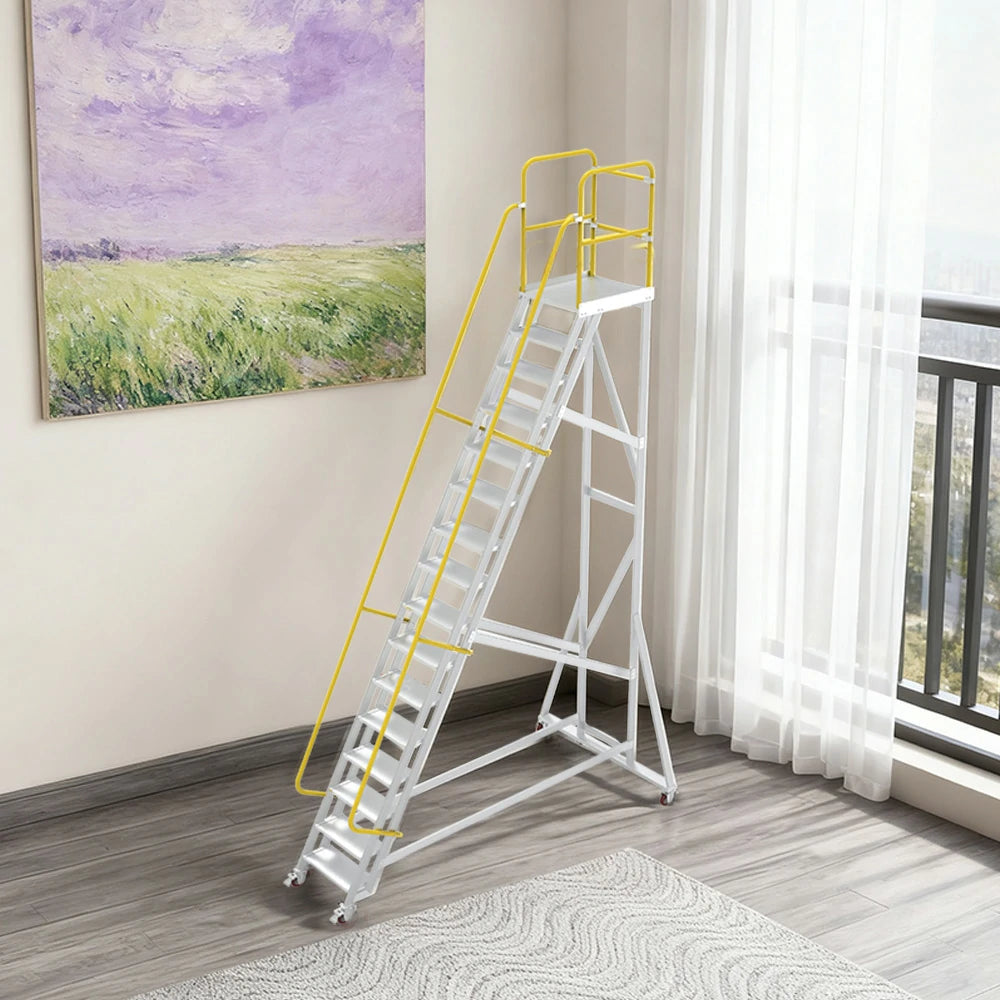 GROVIA Aluminium Platform Ladder 14/16/18 Step - Heavy-Duty Safety Rail, Anti-Slip Steps & Lockable Wheels