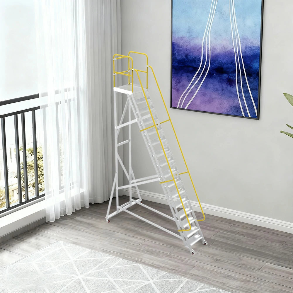 GROVIA Aluminium Platform Ladder 14/16/18 Step - Heavy-Duty Safety Rail, Anti-Slip Steps & Lockable Wheels