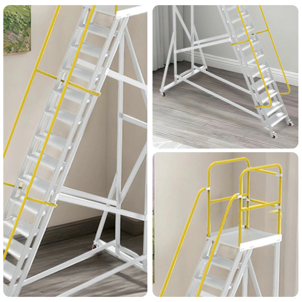 GROVIA Aluminium Platform Ladder 14/16/18 Step - Heavy-Duty Safety Rail, Anti-Slip Steps & Lockable Wheels