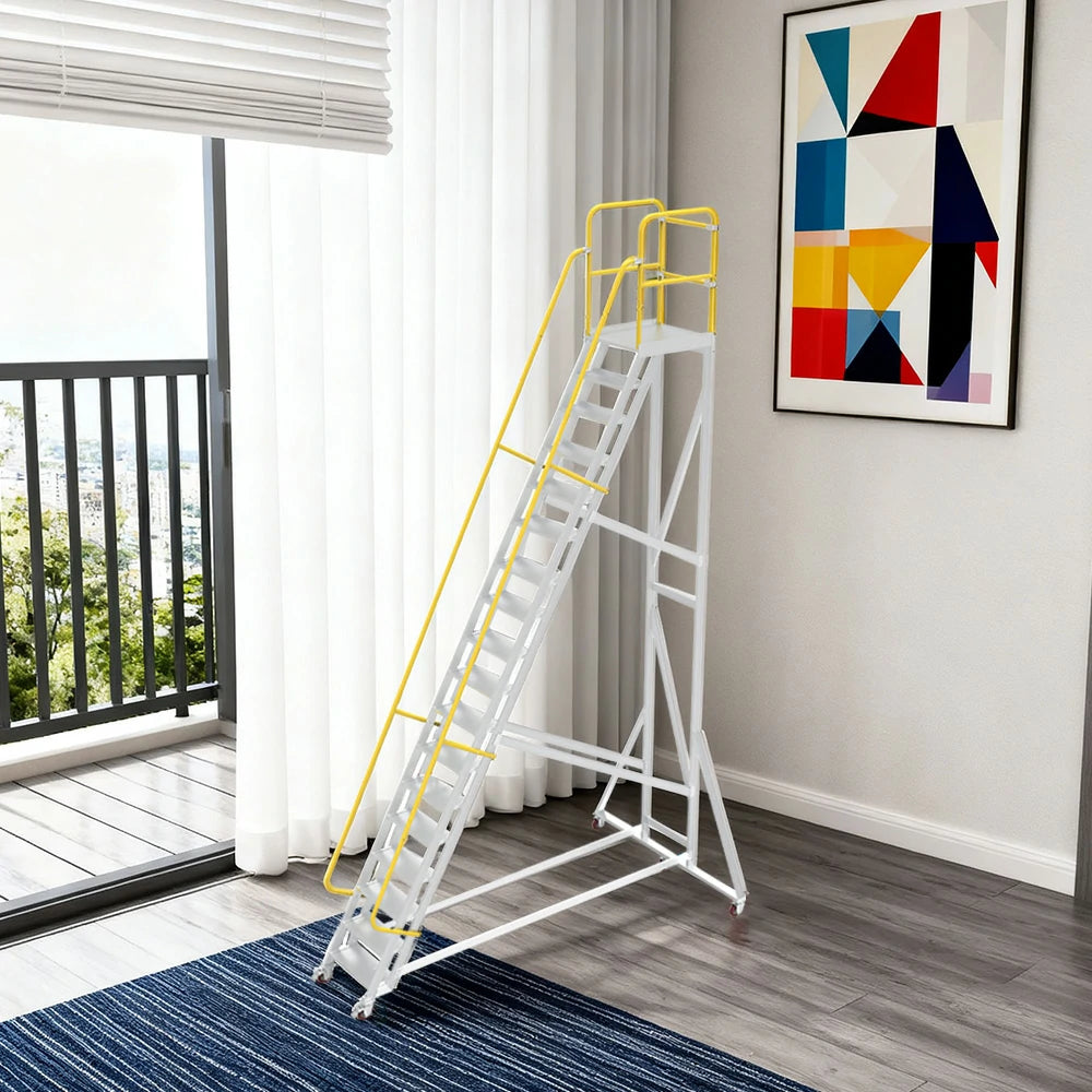GROVIA Aluminium Platform Ladder 14/16/18 Step - Heavy-Duty Safety Rail, Anti-Slip Steps & Lockable Wheels