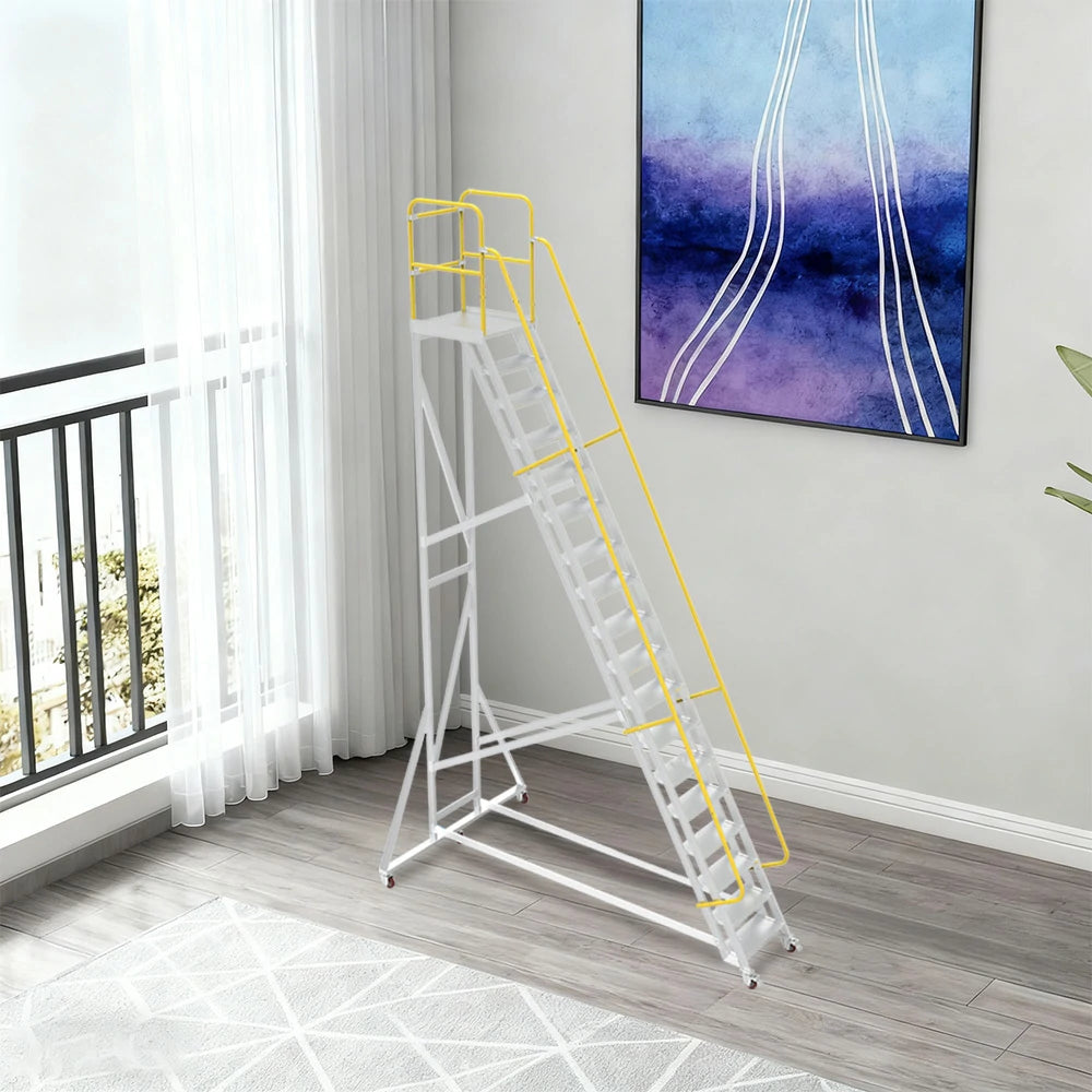 GROVIA Aluminium Platform Ladder 14/16/18 Step - Heavy-Duty Safety Rail, Anti-Slip Steps & Lockable Wheels