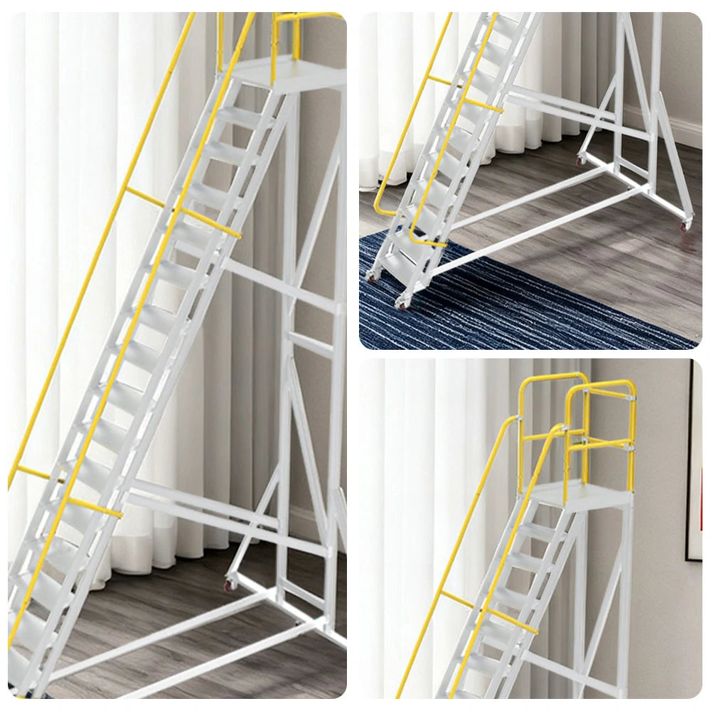 GROVIA Aluminium Platform Ladder 14/16/18 Step - Heavy-Duty Safety Rail, Anti-Slip Steps & Lockable Wheels