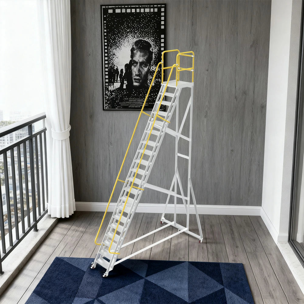 GROVIA Aluminium Platform Ladder 20 Step - Heavy-Duty Safety Rail, Anti-Slip Steps & Lockable Wheels