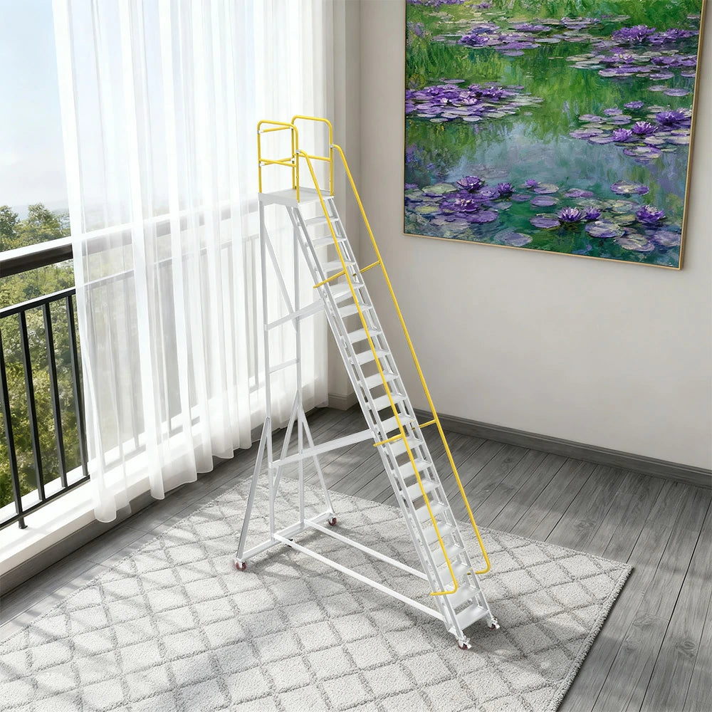GROVIA Aluminium Platform Ladder 20 Step - Heavy-Duty Safety Rail, Anti-Slip Steps & Lockable Wheels