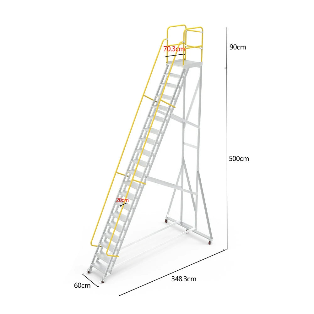 GROVIA Aluminium Platform Ladder 20 Step - Heavy-Duty Safety Rail, Anti-Slip Steps & Lockable Wheels