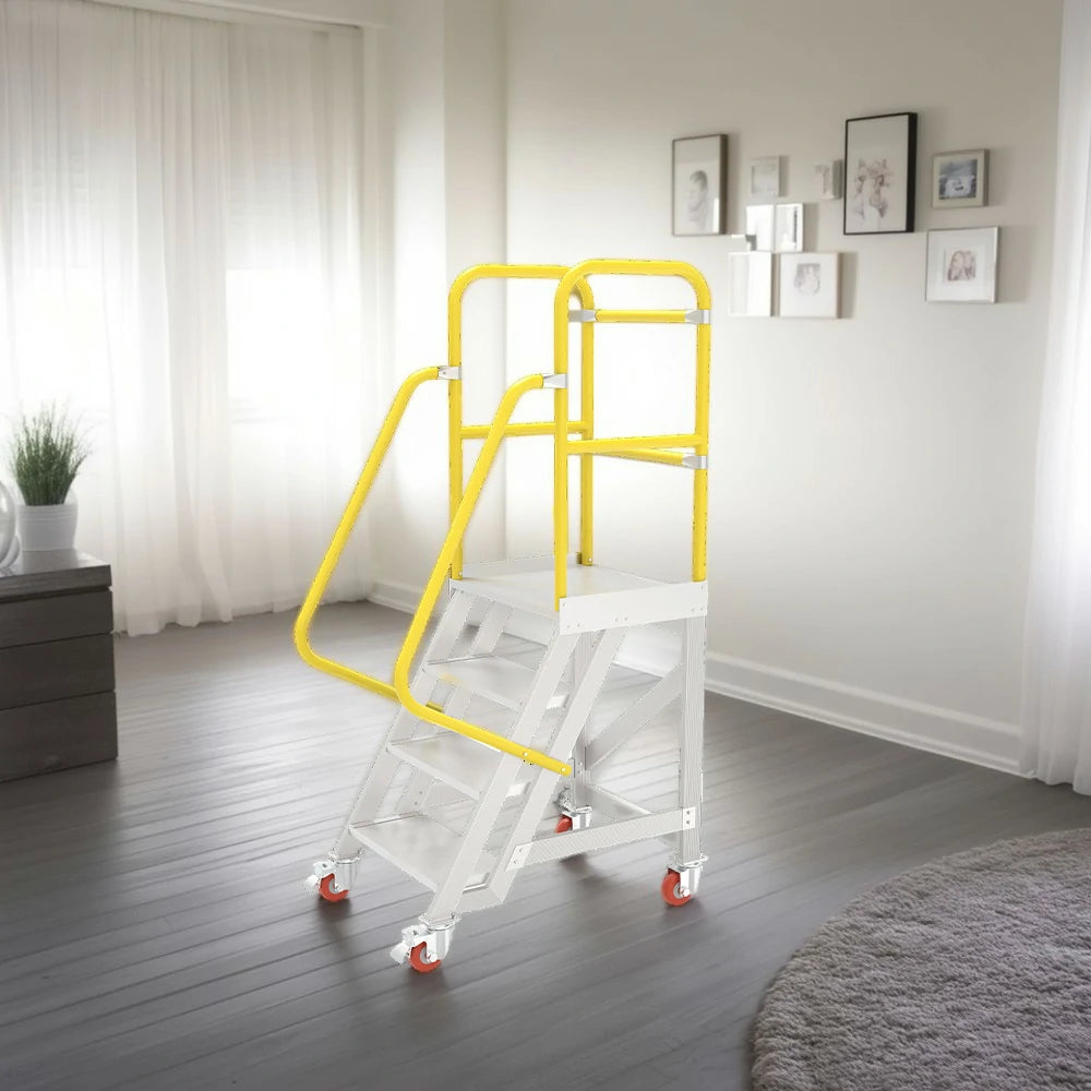 GROVIA Aluminium Platform Ladder 4 Step 90/100cm - Heavy-Duty Safety Rail, Anti-Slip Steps & Lockable Wheels