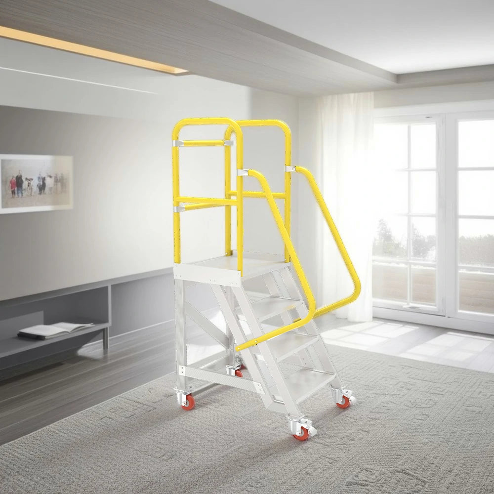 GROVIA Aluminium Platform Ladder 4 Step 90/100cm - Heavy-Duty Safety Rail, Anti-Slip Steps & Lockable Wheels