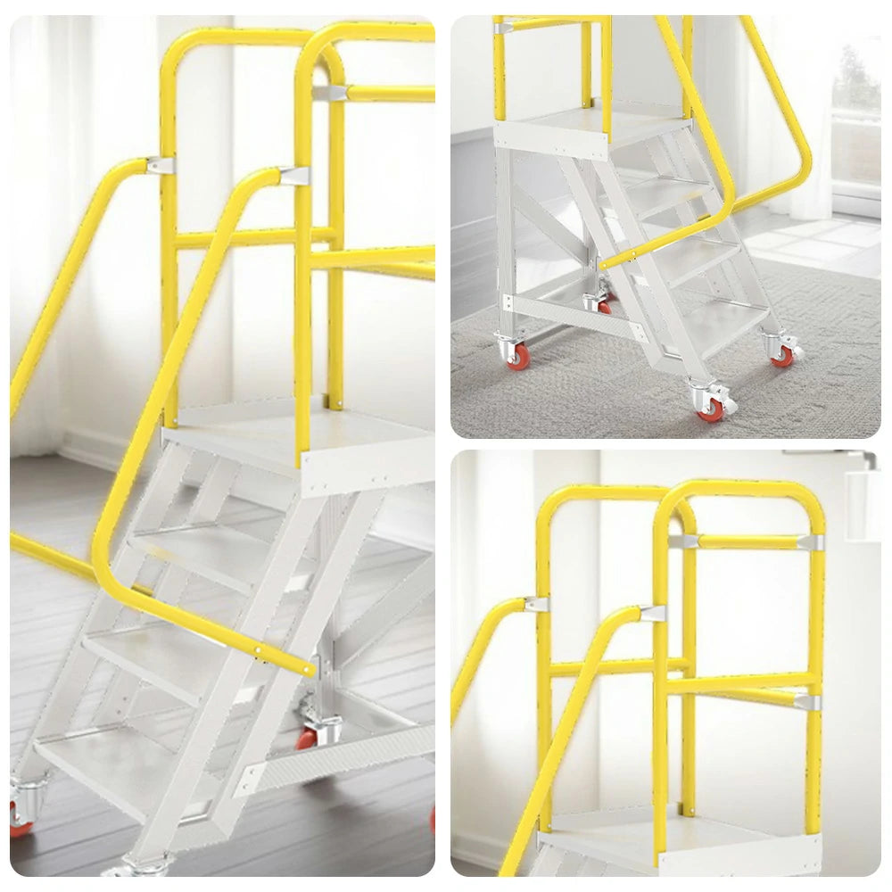 GROVIA Aluminium Platform Ladder 4 Step 90/100cm - Heavy-Duty Safety Rail, Anti-Slip Steps & Lockable Wheels