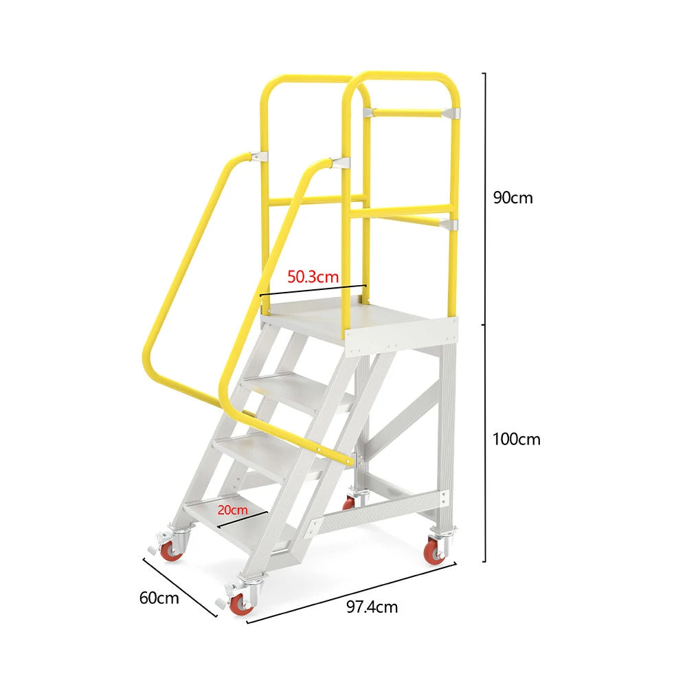 GROVIA Aluminium Platform Ladder 4 Step 90/100cm - Heavy-Duty Safety Rail, Anti-Slip Steps & Lockable Wheels