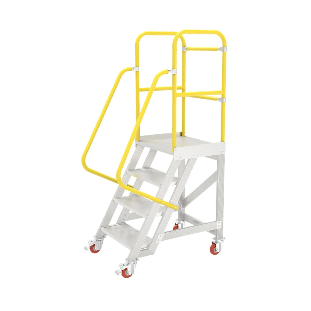GROVIA Aluminium Platform Ladder 4 Step 90/100cm - Heavy-Duty Safety Rail, Anti-Slip Steps & Lockable Wheels