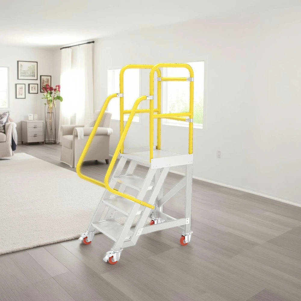 GROVIA Aluminium Platform Ladder 4 Step 90/100cm - Heavy-Duty Safety Rail, Anti-Slip Steps & Lockable Wheels