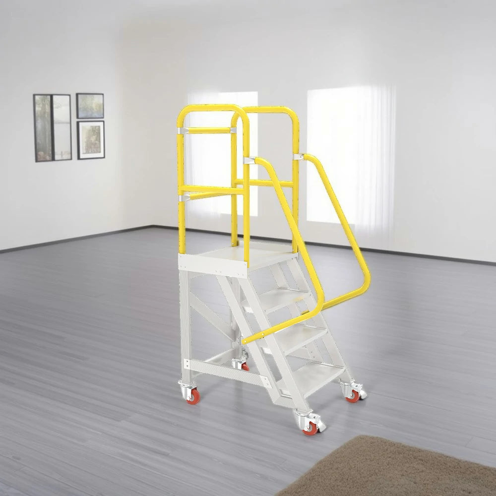 GROVIA Aluminium Platform Ladder 4 Step 90/100cm - Heavy-Duty Safety Rail, Anti-Slip Steps & Lockable Wheels