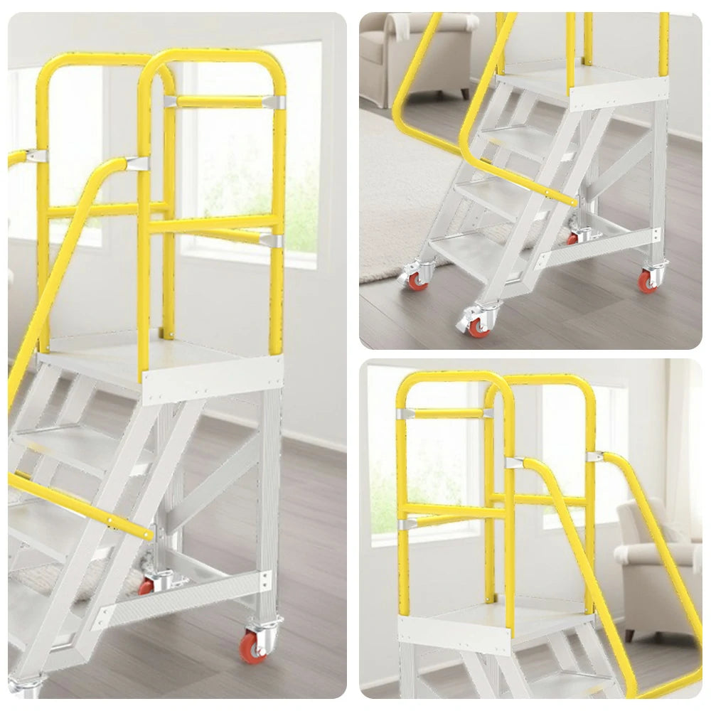 GROVIA Aluminium Platform Ladder 4 Step 90/100cm - Heavy-Duty Safety Rail, Anti-Slip Steps & Lockable Wheels