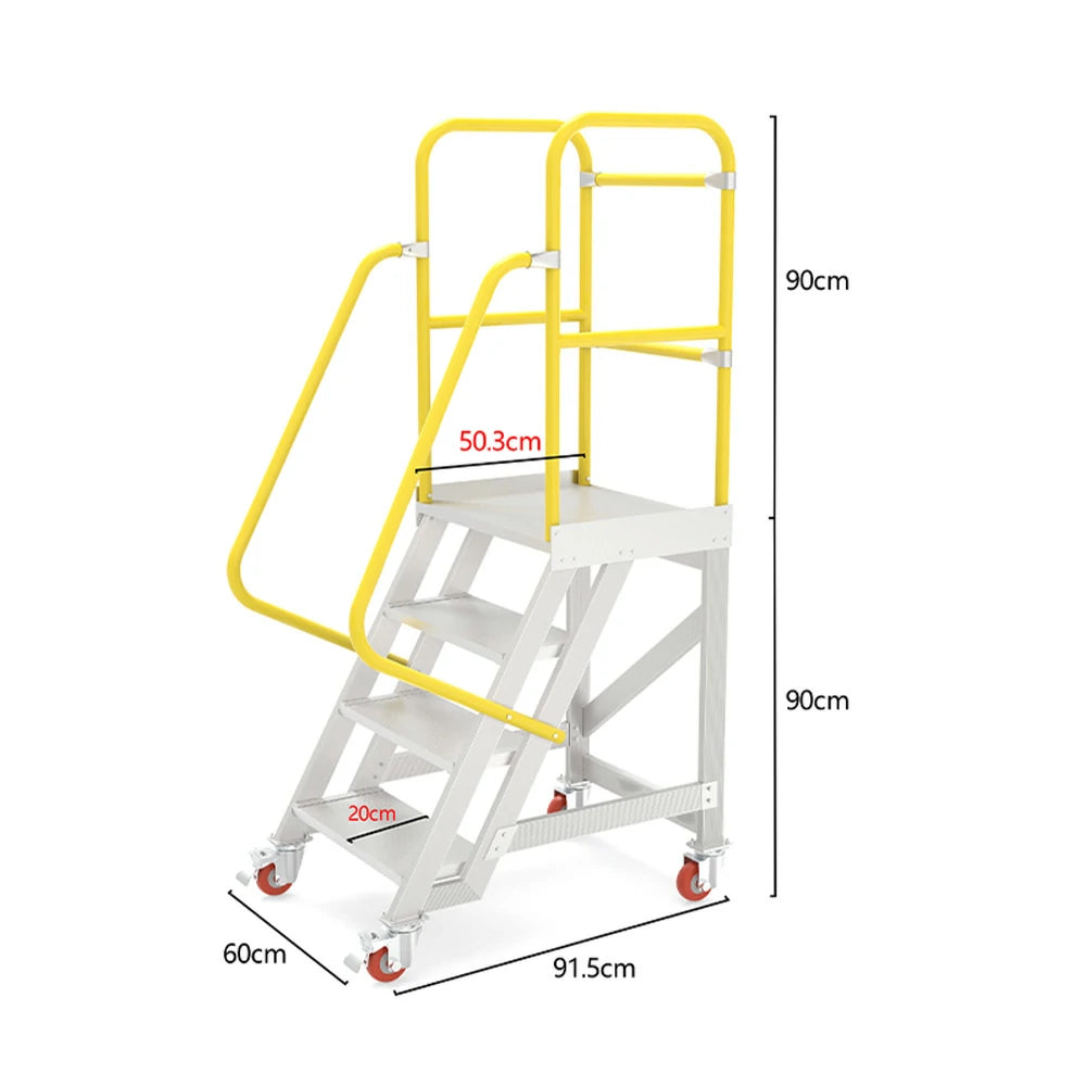 GROVIA Aluminium Platform Ladder 4 Step 90/100cm - Heavy-Duty Safety Rail, Anti-Slip Steps & Lockable Wheels