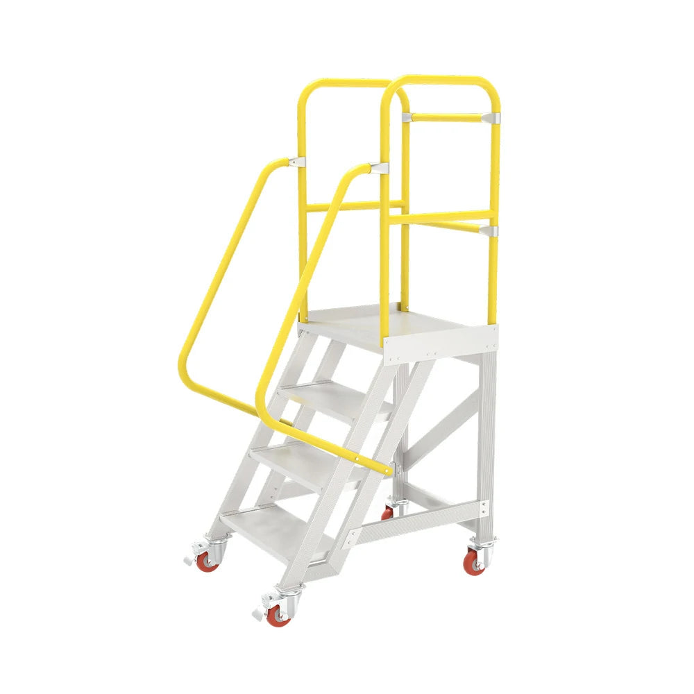 GROVIA Aluminium Platform Ladder 4 Step 90/100cm - Heavy-Duty Safety Rail, Anti-Slip Steps & Lockable Wheels