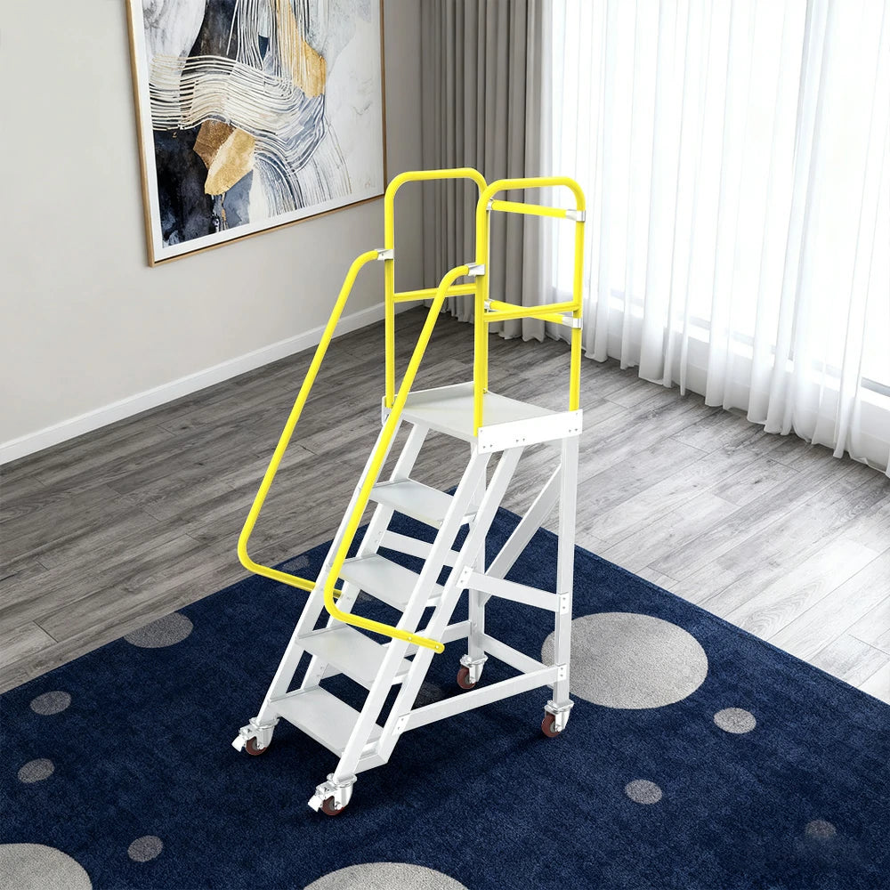 GROVIA Aluminium Platform Ladder 5/6/7 Step - Heavy-Duty Safety Rail, Anti-Slip Steps & Lockable Wheels