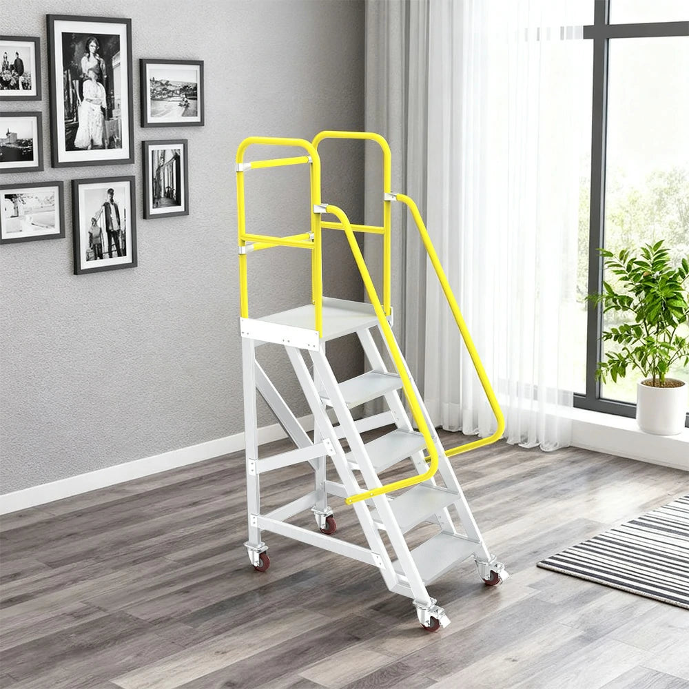 GROVIA Aluminium Platform Ladder 5/6/7 Step - Heavy-Duty Safety Rail, Anti-Slip Steps & Lockable Wheels