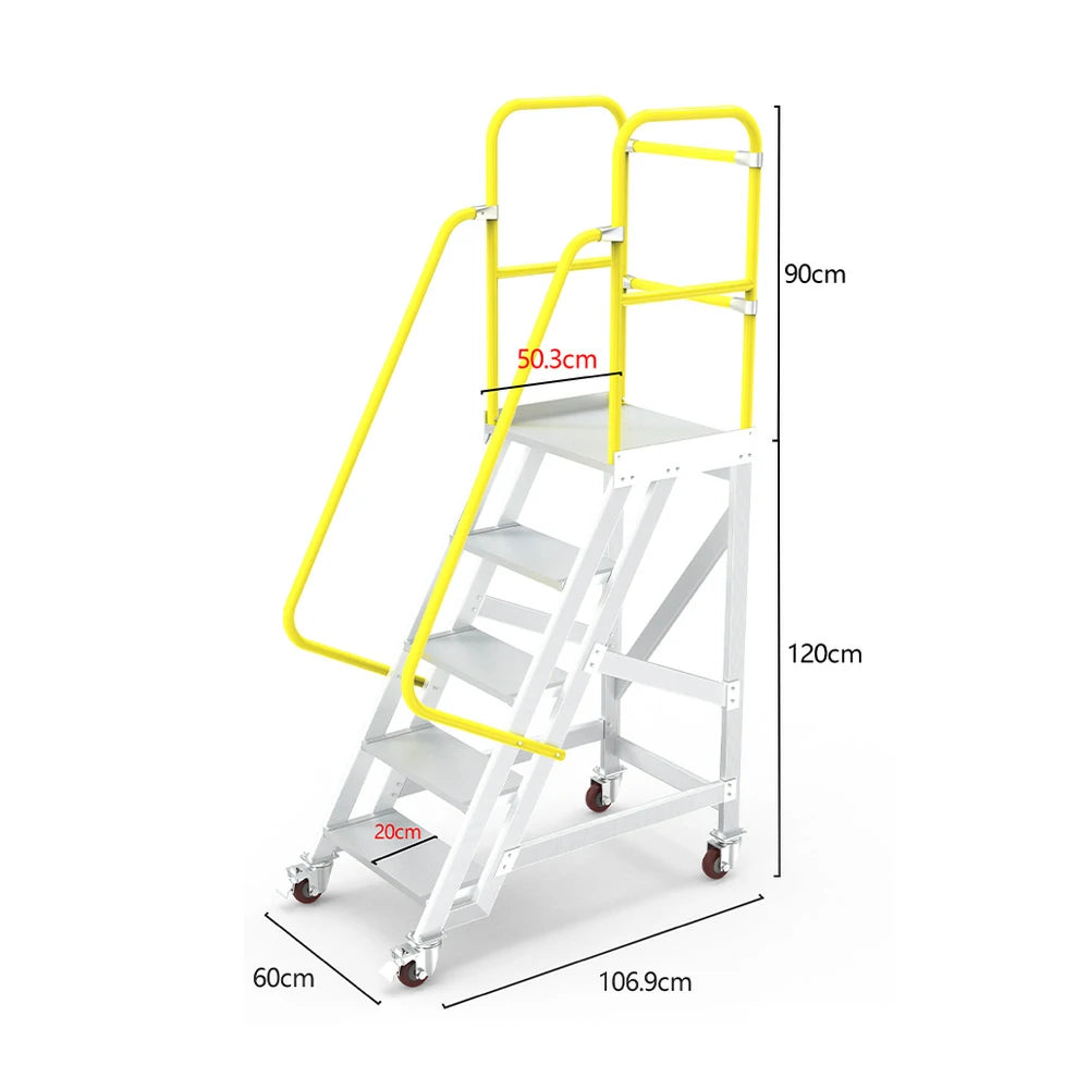 GROVIA Aluminium Platform Ladder 5/6/7 Step - Heavy-Duty Safety Rail, Anti-Slip Steps & Lockable Wheels
