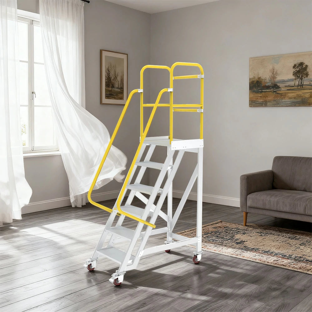 GROVIA Aluminium Platform Ladder 5/6/7 Step - Heavy-Duty Safety Rail, Anti-Slip Steps & Lockable Wheels
