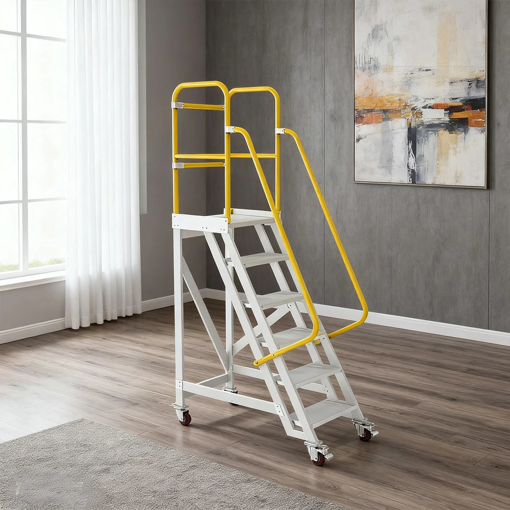 GROVIA Aluminium Platform Ladder 5/6/7 Step - Heavy-Duty Safety Rail, Anti-Slip Steps & Lockable Wheels