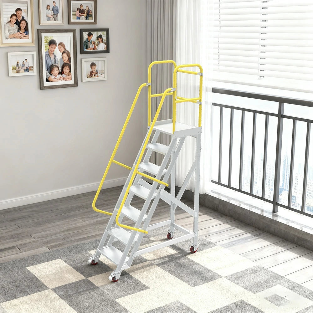 GROVIA Aluminium Platform Ladder 5/6/7 Step - Heavy-Duty Safety Rail, Anti-Slip Steps & Lockable Wheels