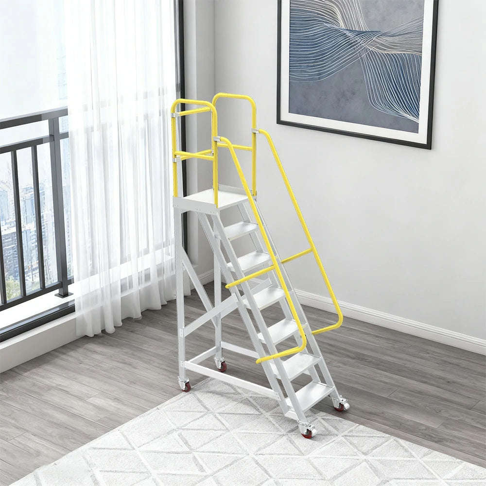 GROVIA Aluminium Platform Ladder 5/6/7 Step - Heavy-Duty Safety Rail, Anti-Slip Steps & Lockable Wheels