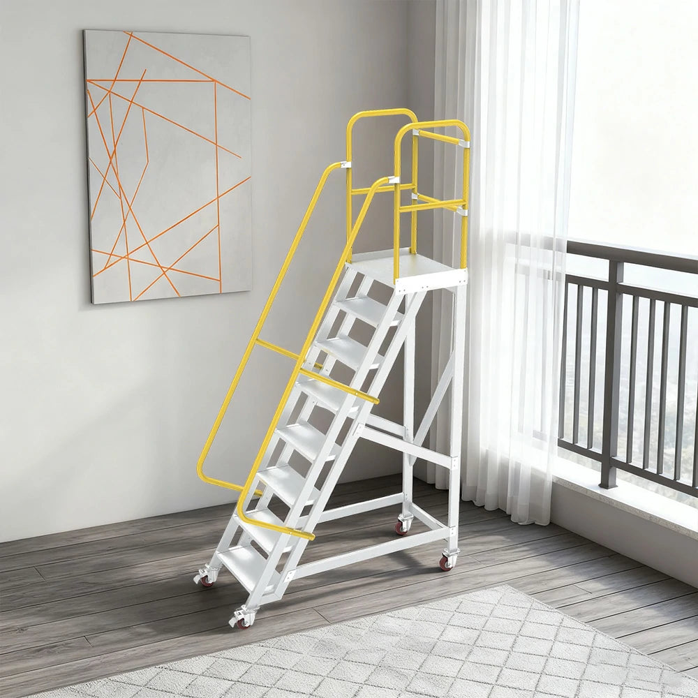 GROVIA Aluminium Platform Ladder 8/10/12 Step - Heavy-Duty Safety Rail, Anti-Slip Steps & Lockable Wheels