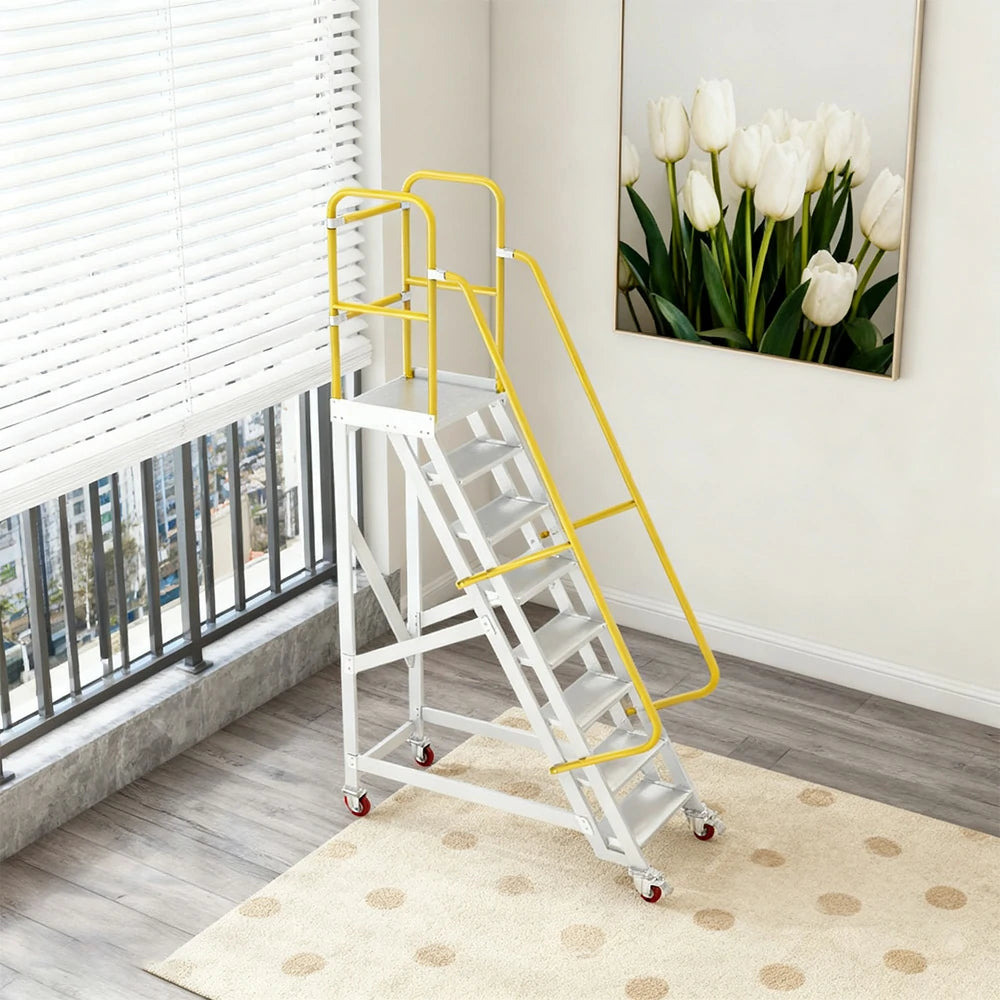GROVIA Aluminium Platform Ladder 8/10/12 Step - Heavy-Duty Safety Rail, Anti-Slip Steps & Lockable Wheels