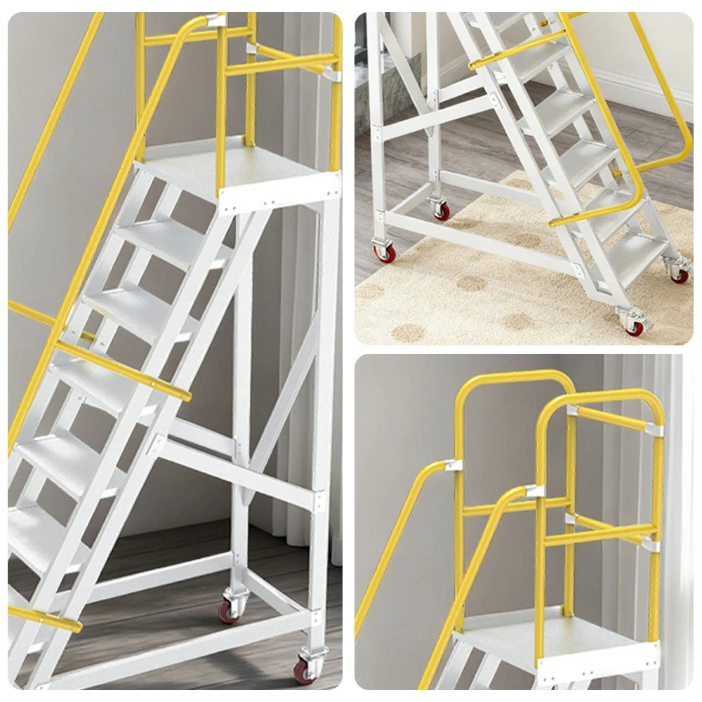 GROVIA Aluminium Platform Ladder 8/10/12 Step - Heavy-Duty Safety Rail, Anti-Slip Steps & Lockable Wheels