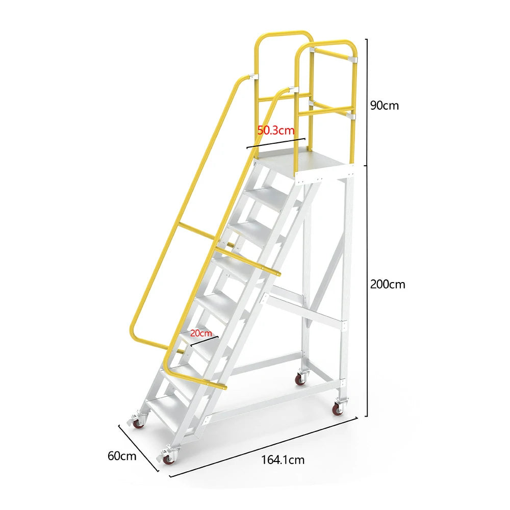 GROVIA Aluminium Platform Ladder 8/10/12 Step - Heavy-Duty Safety Rail, Anti-Slip Steps & Lockable Wheels