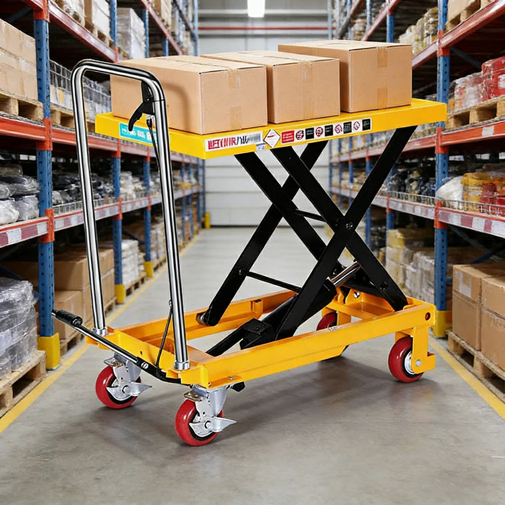 GROVIA Single Scissor Lift Table Trolley - 200kg Load, 0.72m Lift Height, Wide Platform 700x450mm, Hydraulic Mobile Design - Yellow