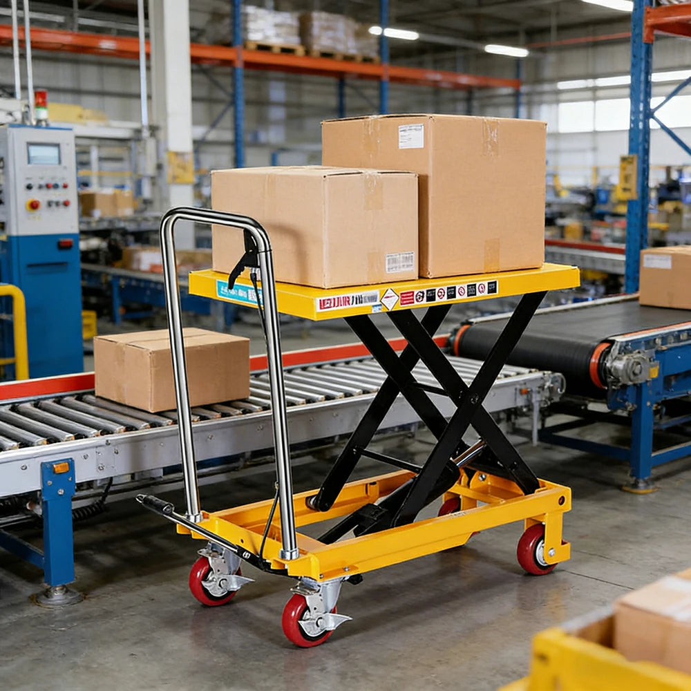 GROVIA Single Scissor Lift Table Trolley - 200kg Load, 0.72m Lift Height, Wide Platform 700x450mm, Hydraulic Mobile Design - Yellow