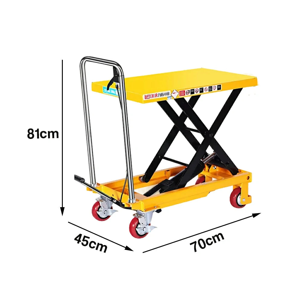 GROVIA Single Scissor Lift Table Trolley - 200kg Load, 0.72m Lift Height, Wide Platform 700x450mm, Hydraulic Mobile Design - Yellow