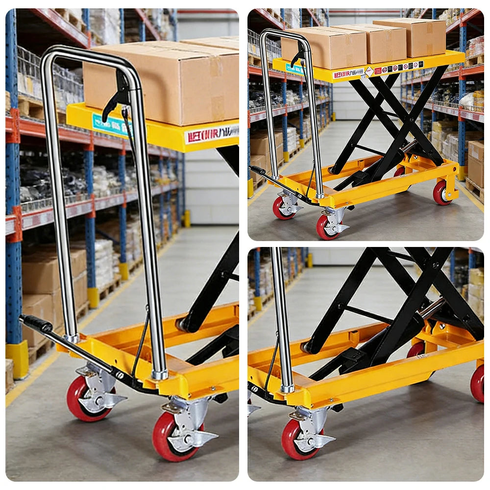 GROVIA Single Scissor Lift Table Trolley - 200kg Load, 0.72m Lift Height, Wide Platform 700x450mm, Hydraulic Mobile Design - Yellow