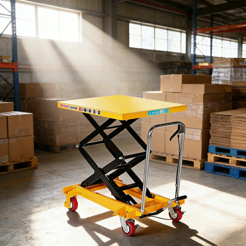 GROVIA Double Scissor Lift Table Trolley - 350kg Load, 1.3m Lift Height, Wide Platform, Hydraulic Mobile Design - Yellow