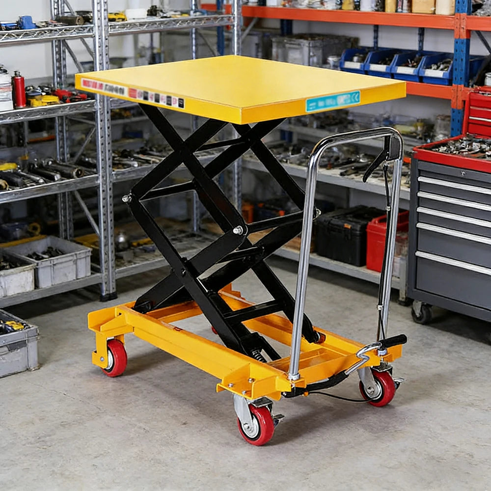 GROVIA Double Scissor Lift Table Trolley - 350kg Load, 1.3m Lift Height, Wide Platform, Hydraulic Mobile Design - Yellow