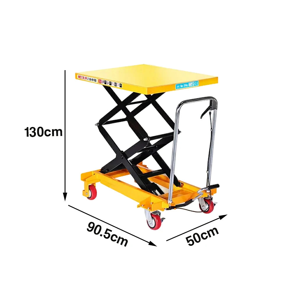 GROVIA Double Scissor Lift Table Trolley - 350kg Load, 1.3m Lift Height, Wide Platform, Hydraulic Mobile Design - Yellow