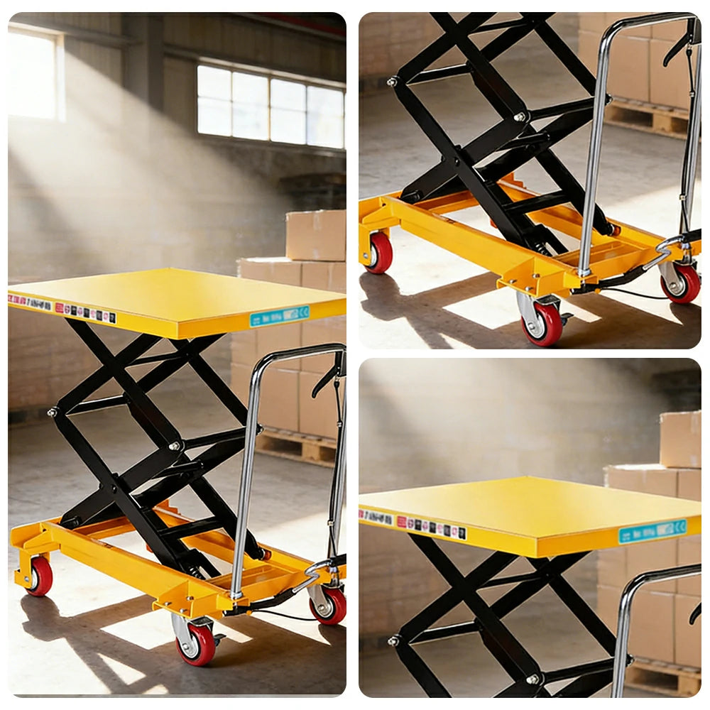 GROVIA Double Scissor Lift Table Trolley - 350kg Load, 1.3m Lift Height, Wide Platform, Hydraulic Mobile Design - Yellow