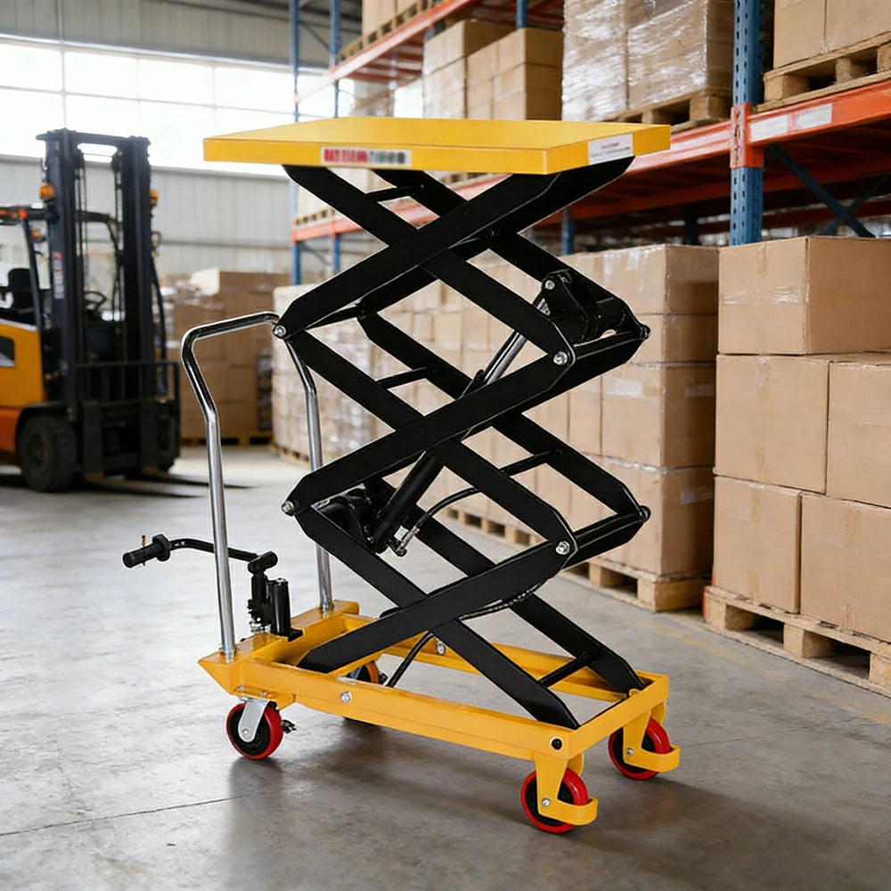 GROVIA Triple Scissor Lift Table Trolley - 500kg Load, 2.0m Lift Height, Wide Platform Design, Heavy-Duty Hydraulic Mobile Lift - Yellow