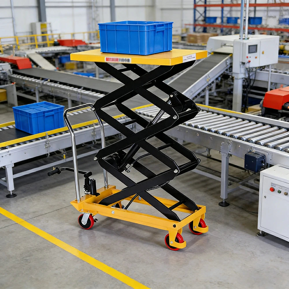 GROVIA Triple Scissor Lift Table Trolley - 500kg Load, 2.0m Lift Height, Wide Platform Design, Heavy-Duty Hydraulic Mobile Lift - Yellow