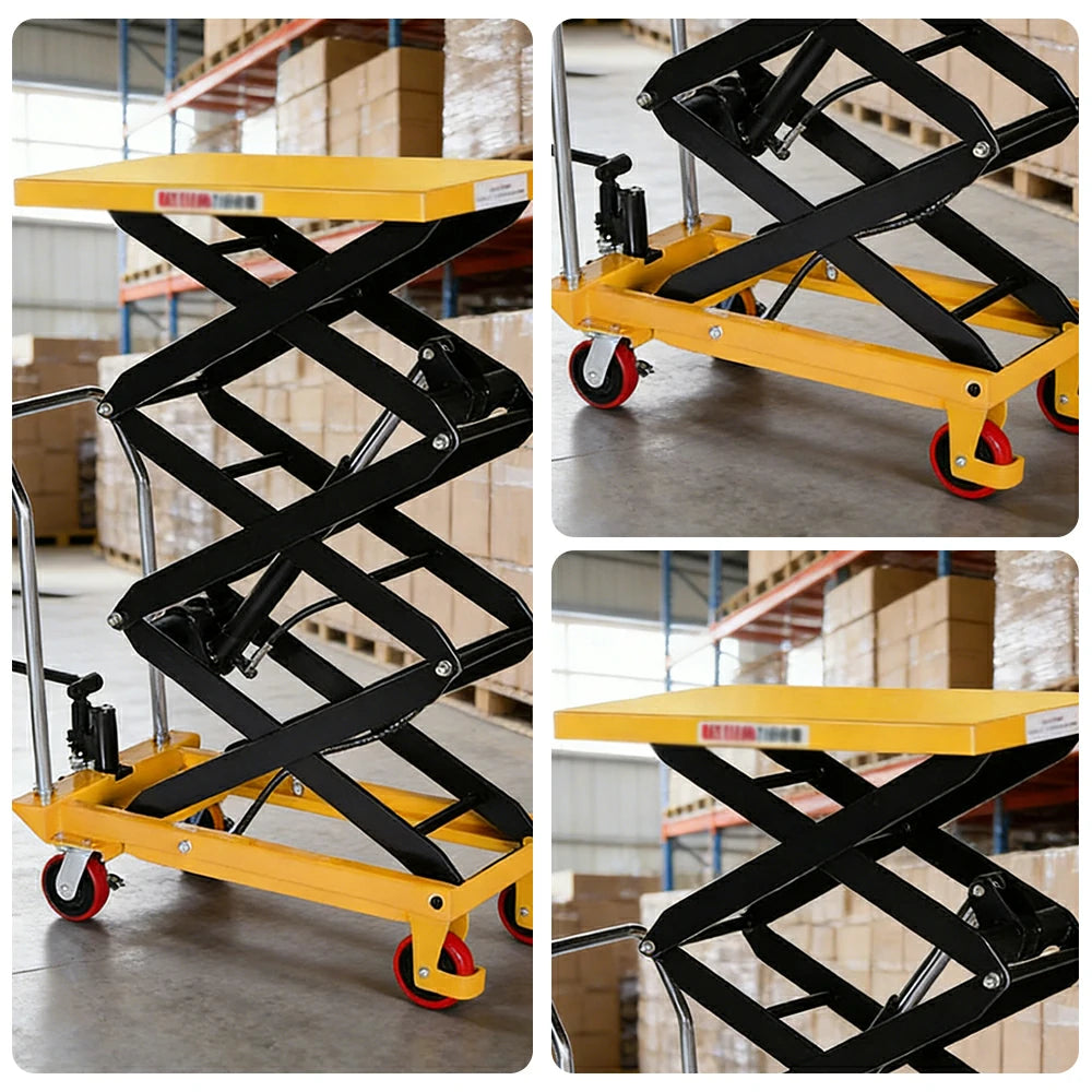 GROVIA Triple Scissor Lift Table Trolley - 500kg Load, 2.0m Lift Height, Wide Platform Design, Heavy-Duty Hydraulic Mobile Lift - Yellow