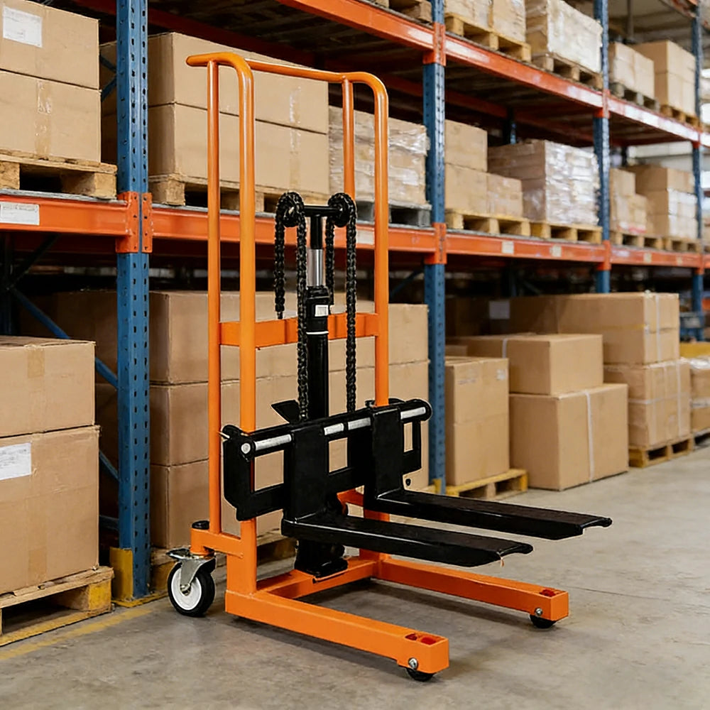 GROVIA Manual Lift Stacker - 400kg Load, 0.9/1.2m Lift Height, Swivel Castors, Open Fork Design, Warehouse Handling Equipment - Orange
