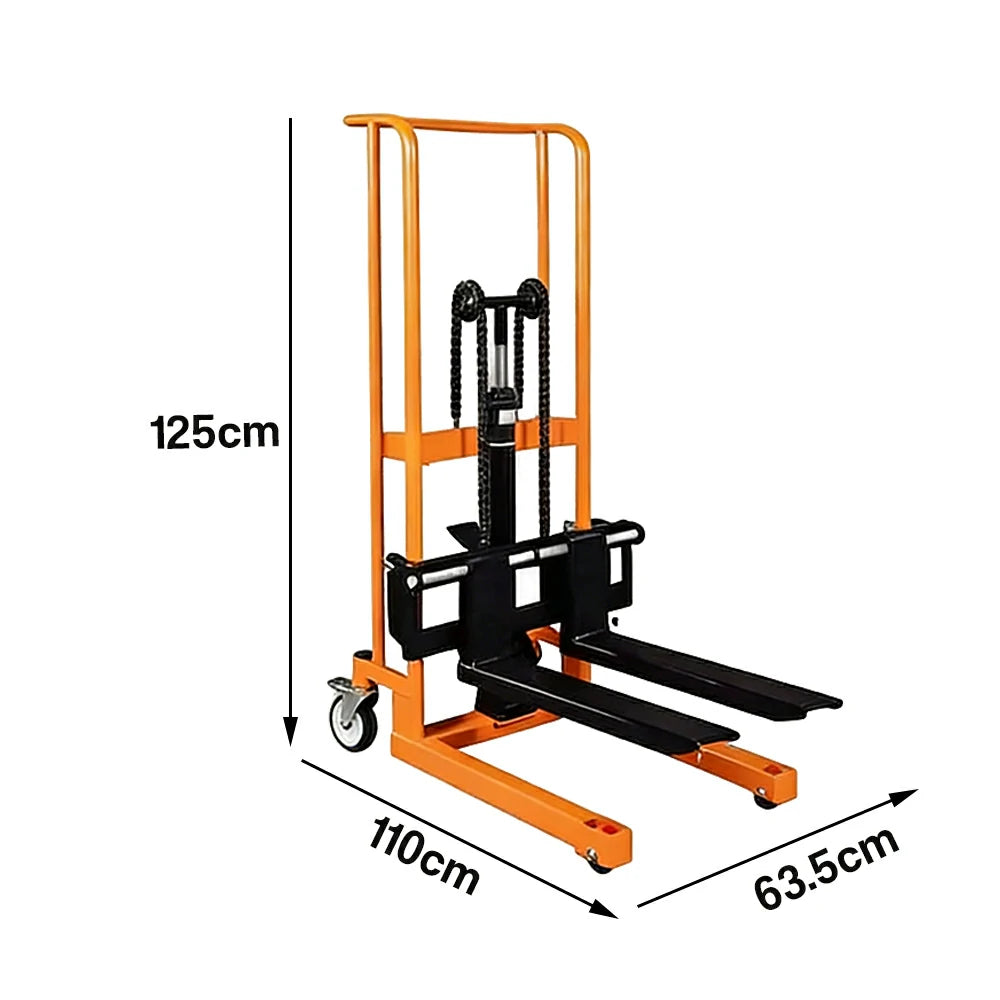 GROVIA Manual Lift Stacker - 400kg Load, 0.9/1.2m Lift Height, Swivel Castors, Open Fork Design, Warehouse Handling Equipment - Orange