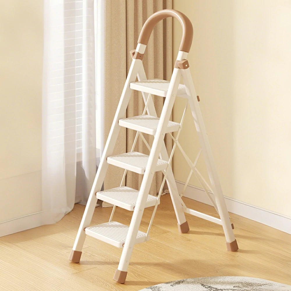 GROVIA 3/4/5-Step Folding Ladder - 7cm Thick, 27×18cm Wide Pedal, Anti-Slip Feet - White
