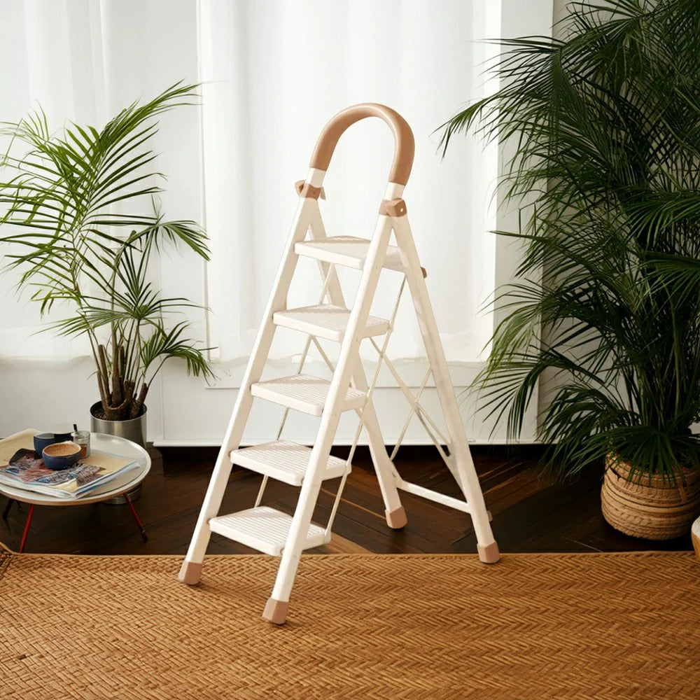 GROVIA 3/4/5-Step Folding Ladder - 7cm Thick, 27×18cm Wide Pedal, Anti-Slip Feet - White