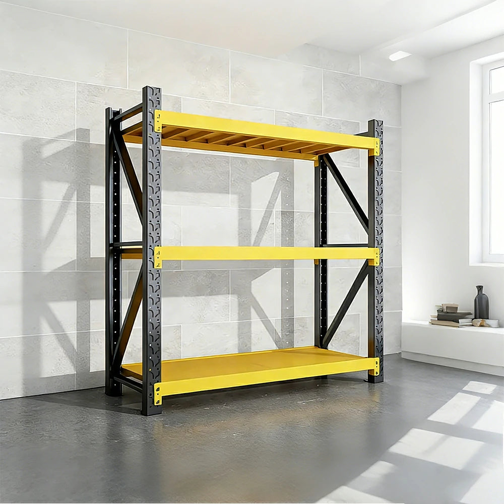 GROVIA 3-Tier 100/120cm Storage Shelving Rack, Heavy-Duty Steel Frame, Screw-Free Assembly, Stable Triangular Support - Black&Yellow