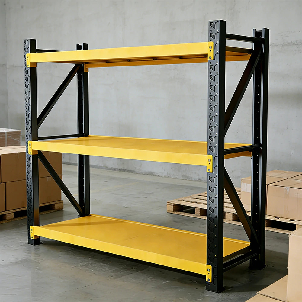 GROVIA 3-Tier 100/120cm Storage Shelving Rack, Heavy-Duty Steel Frame, Screw-Free Assembly, Stable Triangular Support - Black&Yellow