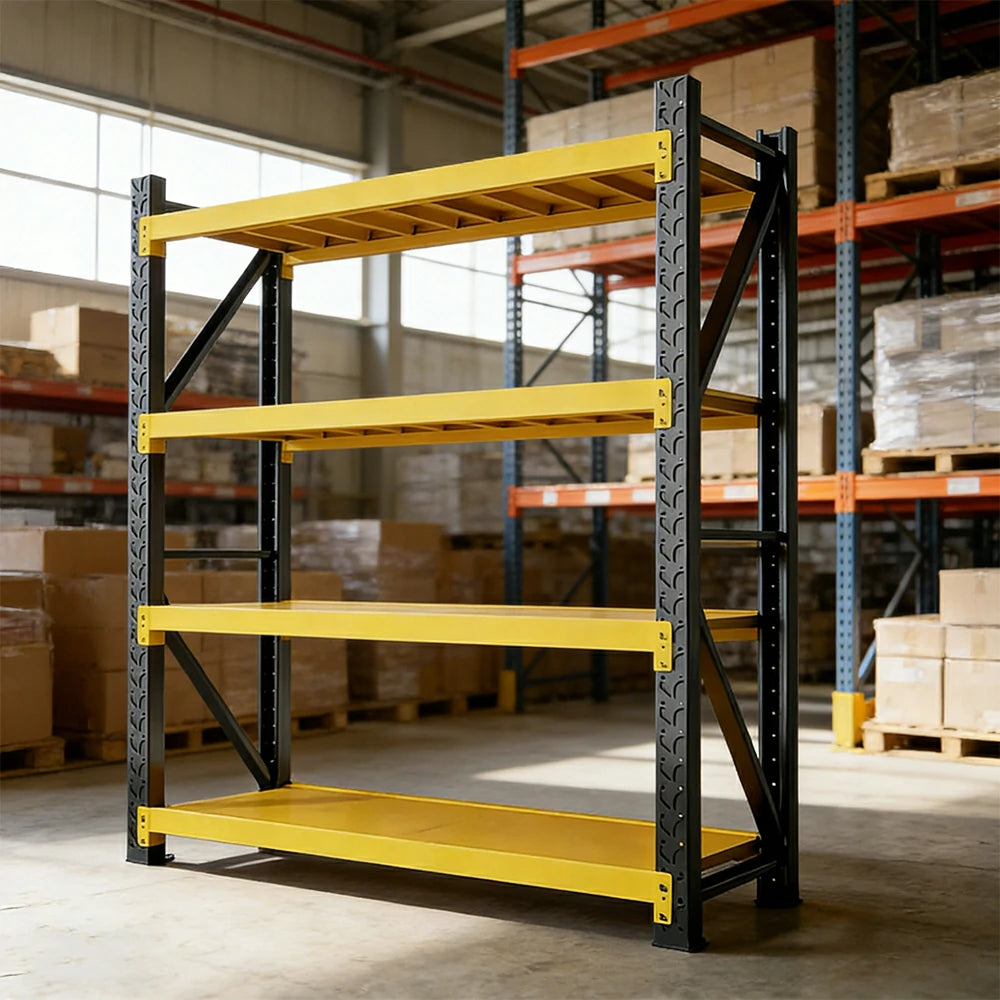 GROVIA 4-Tier 100/120cm Storage Shelving Rack, Heavy-Duty Steel Frame, Screw-Free Assembly, Stable Triangular Support - Black&Yellow