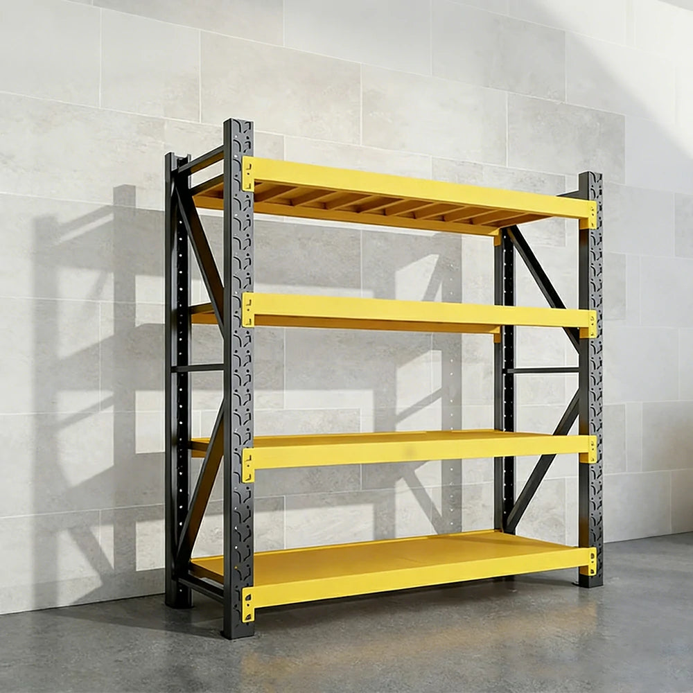GROVIA 4-Tier 100/120cm Storage Shelving Rack, Heavy-Duty Steel Frame, Screw-Free Assembly, Stable Triangular Support - Black&Yellow