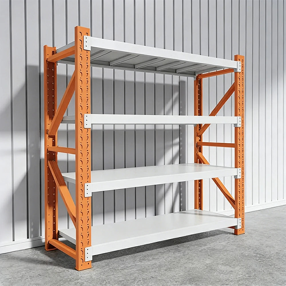GROVIA 4-Tier 100/120cm Storage Shelving Rack, Heavy-Duty Steel Frame, Screw-Free Assembly, Stable Triangular Support - White&Orange